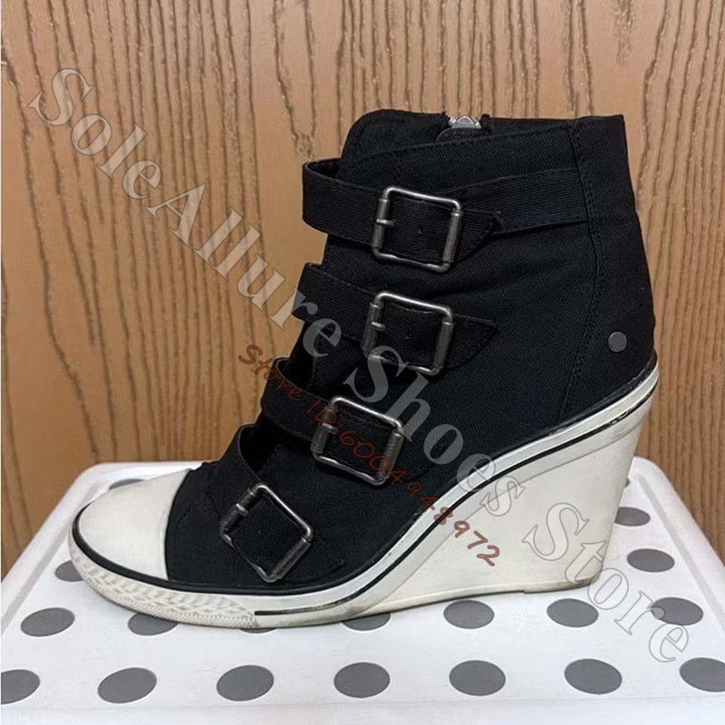 Vintage Zipper - Grijze multi-gesp hoge wedgesneakers met vintage